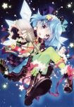  :d absurdres alternate_costume badge blue_eyes blue_hair blush bow chain chains cirno colorful dress earrings green_legwear hair_ribbon highres ice ice_wings jewelry microphone_stand mottsun open_mouth ribbon scan short_hair smile solo star star_(sky) thigh-highs thighhighs touhou wings 