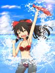  1girl armpits bikini black_hair bow breasts cato_(monocatienus) cleavage clenched_hand closed_eyes cloud clouds collarbone eyes_closed hair_bow hair_tubes hakurei_reimu lobster navel open_mouth partially_submerged side-tie_bikini sky solo splash splashing swimsuit touhou wading water 