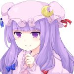  bow capelet crescent face fuyu-nagi hair_bow hat long_hair patchouli_knowledge purple_hair smile solo touhou white_background 