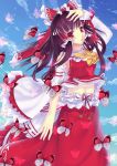  bad_id blush bow brown_hair butterfly cloud clouds detached_sleeves hair_bow hair_tubes hakurei_reimu highres long_hair navel open_mouth red_eyes sky solo touhou wide_sleeves xiaoai yellow_eyes 