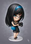  bag bangs big_head black_dress black_hair camera closed_eyes dress eyes_closed figure glasses hairband headband holding jewelry necklace nendoroid original purple_background purse signature smile warren_louw 