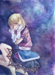  arm_warmers bare_legs barefoot blonde_hair blue blue_background clenched_teeth hands_on_own_face millipen_(medium) mizuhashi_parsee mizuki_riyu multicolored_background sad short_hair skirt solo tears touhou traditional_media 