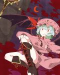  bat_wings belt blue_hair blush boots capelet cloud clouds collagen crescent cross-laced_footwear detached_sleeves dress green_hair grin hat hat_ribbon highres jewelry night red_eyes remilia_scarlet ribbon short_hair short_sleeves smile solo touhou wide_sleeves wings 