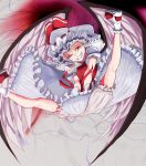  bloomers capelet curiosities_of_lotus_asia grin hat hat_ribbon puffy_sleeves red_eyes remilia_scarlet ribbon sabiirodoramu short_hair short_sleeves silver_hair smile solo spread_legs touhou wings 