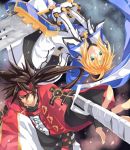  ahoge aqua_eyes black_hair blonde_hair circlet fingerless_gloves gloves guilty_gear guilty_gear_2 headband huge_weapon kito_shinohara ky_kiske male multiple_boys ponytail popped_collar red_eyes sol_badguy sword upside-down weapon 