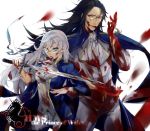  1girl black_hair blood blood_on_face cross cross_necklace epaulettes green_eyes heart_(organ) licking_lips long_hair monocle mouth_hold original red_eyes scar shadowfire sword torn_clothes uniform weapon white_hair 