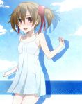  :d alternate_costume blush brown_hair collarbone dress hair_ribbon kirito_(tundereyuina) looking_at_viewer open_mouth pink_eyes ribbon short_twintails silica smile solo sundress sword_art_online twintails 