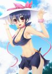  :d artist_request bikini black_hair blush breasts cleavage gien hat hat_ribbon highres koihime_musou large_breasts midriff mound_of_venus multicolored_hair navel neck_ribbon open_mouth pink_ribbon ponshiro red_eyes ribbon shin_koihime_musou short_hair side-tie_bikini sideboob smile solo swimsuit two-tone_hair white_hair 