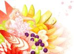  banana bare_shoulders blonde_hair breasts cherry cleavage crown dress finger_to_mouth food frills fruit gloves grapefruit grapes in_food jewelry kiwifruit koto_(colorcube) licking_lips long_hair mango melon minigirl necklace original pink_dress sleeveless sleeveless_dress smile solo strawberry tongue tongue_out veil very_long_hair watermelon white_gloves yellow_eyes 