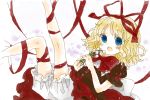 817nono blonde_hair bloomers blue_eyes blush bow curly_hair flower hair_bow holding lily_of_the_valley looking_at_viewer lowres medicine_melancholy open_mouth ribbon rough shirt short_hair short_sleeves simple_background skirt solo touhou white_background 