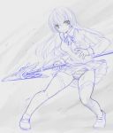  1girl finding_neverland_online kasuga_yukihito lance long_hair monochrome panties pantyshot polearm school_uniform sketch skirt solo striped striped_panties thigh-highs thighhighs traditional_media underwear weapon 