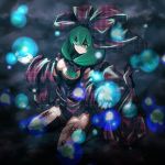  adapted_costume bow breasts cleavage detached_sleeves front_ponytail green_eyes green_hair hair_bow kagiyama_hina long_hair smile solo touhou wide_sleeves 