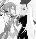  2girls cure_sword dokidoki!_precure eye_contact fuchi_(nightmare) hand_on_another&#039;s_cheek hand_on_another&#039;s_face headband highres kenzaki_makoto long_hair looking_at_another monochrome multiple_girls polearm precure profile regina_(dokidoki!_precure) spear surprised weapon 