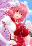  bandage bandages blush cherry_blossoms chinese_clothes cloud clouds cuffs double_bun flower ibaraki_kasen open_mouth petals pink_hair puffy_sleeves red_eyes resized shackles short_hair short_sleeves sky solo touhou watarui 
