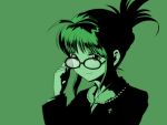  adjusting_glasses akizuki_ritsuko chiaki_rakutarou glasses green highres idolmaster monochrome short_hair smile solo 