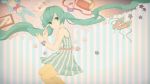  dress floating_hair green_eyes green_hair hatsune_miku highres kise_(swimmt) long_hair pantyhose smile solo striped striped_background twintails very_long_hair vocaloid watch yellow_legwear 