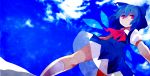  alternate_eye_color blue_hair bow cirno cloud clouds detached_wings fuukadia_(narcolepsy) hair_bow ice ice_wings puffy_sleeves red_eyes short_hair short_sleeves sky solo touhou wings 