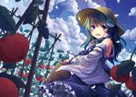  :d bare_shoulders basket blue_eyes blush cloud clouds detached_sleeves frog_hair_ornament green_hair hair_ornament hair_tubes hat holding kochiya_sanae long_hair looking_at_viewer mikkii open_mouth skirt sky smile solo straw_hat tomato touhou 
