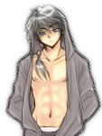  abs arms_behind_back black_hair blue_eyes braid expressionless hoodie jacket male navel ranma_1/2 saotome_ranma single_braid solo topless 