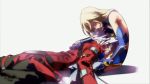  1girl arc_system_works bare_shoulders blazblue blonde_hair blood closed_eyes crying elbow_gloves eyes_closed game_cg gloves highres injury jacket long_hair lying_on_person mu-12 noel_vermillion official_art ragna_the_bloodedge spiked_hair spiky_hair tears torn_clothes white_hair 