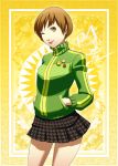  brown_eyes brown_hair daniel_macgregor hands_in_pockets houndstooth lips looking_at_viewer persona persona_4 satonaka_chie short_hair signature skirt smile solo track_jacket wink 