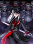  armor glasses gloves hat hat_over_one_eye highres iron_cross long_hair looking_at_viewer military military_uniform monocle original peaked_cap red_eyes solo sword uniform weapon white_gloves white_hair world_war_ii zeco 