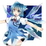  blue_eyes blue_hair blush bow cirno dress hair_bow ice ice_wings koyuri_shouyu open_mouth outstretched_arms short_hair short_sleeves smile solo spread_arms thigh-highs thighhighs touhou wings 