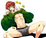  1boy ball blue_eyes blush boxers male muscle navel open_mouth orange_hair sengoku_kiyosumi shirt_lift short_hair solo spread_legs tennis_ball tennis_no_ouji-sama underwear yamada_3 