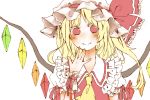  817nono ascot blonde_hair blush bow flandre_scarlet frills hat hat_bow long_hair lowres red_eyes ribbon rough short_sleeves side_ponytail simple_background smile solo touhou white_background wings wrist_cuffs wristband 