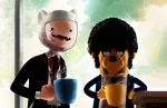  adventure_time afro animal_ears blood blood_stain carlos_villa coffee_mug crossover dog finn formal highres jake missing_teeth necktie open_mouth parody pulp_fiction smile suit 