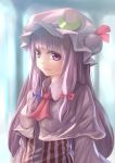  canae canae0 capelet crescent hat highres long_hair long_sleeves patchouli_knowledge pink_eyes purple_hair smile solo touhou 