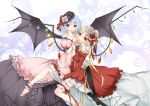  alternate_hairstyle ankle_cuffs arm_ribbon bare_shoulders barefoot bat_wings blonde_hair blue_hair dress flandre_scarlet flower hair_flower hair_ornament hand_holding highres holding_hands huayue large_wings leg_garter looking_at_viewer multiple_girls no_hat no_headwear red_eyes remilia_scarlet short_hair siblings side_ponytail sisters thigh-highs thighhighs touhou wings 