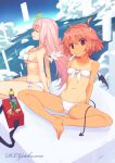  ahoge angel angel_and_devil bandeau barefoot bikini bottle breasts closed_eyes cloud demon_girl demon_tail demon_wings eyes_closed feet flat_chest front-tie_top halo horns large_breasts long_hair looking_at_viewer mouth_hold multiple_girls navel original pink_hair pointy_ears popsicle red_eyes red_hair redhead short_hair side-tie_bikini sitting sky soda_can strap_gap sumaki_shungo swimsuit tail tan tanline toes white_swimsuit wings 