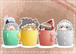  aenobas blonde_hair blue_eyes bow brown_hair closed_eyes cup eyes_closed hair_bow hair_ribbon hakurei_reimu hammer_(sunset_beach) hat in_container in_cup izayoi_sakuya kirisame_marisa konpaku_youmu konpaku_youmu_(ghost) maid_headdress multiple_girls ribbon silver_hair smile stare sweatdrop touhou witch_hat yin_yang 