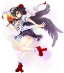  black_hair black_wings fan feathered_wings geta hat holding looking_at_viewer mitsuk outstretched_arm red_eyes ribbon shameimaru_aya short_hair simple_background skirt solo tokin_hat touhou white_background wings 