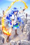  blue_hair blush fingerless_gloves gloves highres hinanawi_tenshi long_hair mizunashi_(second_run) no_hat no_headwear outstretched_arms puffy_sleeves red_eyes rock short_sleeves smile solo standing sword_of_hisou touhou weapon wink 