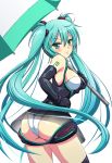  &gt;:| alternate_costume aqua_hair blush elbow_gloves gloves green_eyes hand_on_hip hatsune_miku hips long_hair looking_back race_queen racequeen shimamoto_utsumi simple_background solo thigh-highs thighhighs twintails umbrella very_long_hair vocaloid white_background 