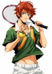  1boy ball blue_eyes navel orange_hair racket sengoku_kiyosumi short_hair smile solo tennis_ball tennis_no_ouji-sama tennis_racket v yamada_3 