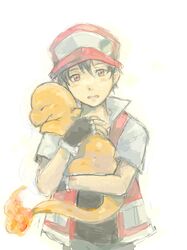  1boy black_hair charmander fingerless_gloves gloves hat jacket male open_mouth pokemon pokemon_(creature) pokemon_(game) pokemon_rgby red_(pokemon) red_(pokemon)_(classic) red_eyes simple_background tegaki white_background 