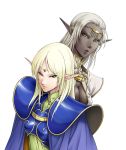  aritani_mahoro armor blonde_hair cape dark_elf dark_skin deedlit elf green_eyes jewelry lips long_hair lookind_down looking_down multiple_girls parted_lips pirotess pointy_ears record_of_lodoss_war silver_hair white_background yellow_eyes 