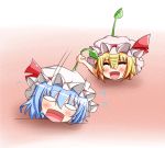  ^_^ blonde_hair blue_hair blush closed_eyes ehimedaisuki eyes_closed fang flandre_scarlet multiple_girls open_mouth pikmin remilia_scarlet short_hair smile sprout sprout_on_head touhou 