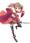  akane_souichi black_legwear breastplate brown_hair fingerless_gloves gloves hair_ornament looking_at_viewer open_mouth red_eyes short_hair short_twintails silica skirt smile solo sword sword_art_online thighhighs twintails weapon 