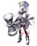  armor black_legwear blush breasts copyright_request gauntlets hammer hat highres huge_weapon long_hair red_eyes smile solo thigh-highs thighhighs weapon white_hair zeco 