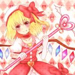  adapted_costume blonde_hair blush bow choker collarbone crystal fang flandre_scarlet hair_bow hat heart magical_girl puffy_sleeves raayu red_eyes short_hair short_sleeves side_ponytail smile solo staff touhou wings 