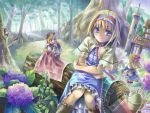  alice_margatroid animal bird blonde_hair blue_eyes blush boots bow capelet crossed_arms cup doll dress flower forest hair_bow house hydrangea kettle long_hair multiple_girls nagayo nature open_mouth shanghai shanghai_doll short_hair sitting smile solo touhou tree 
