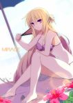  alternate_costume barefoot blonde_hair breasts cleavage fan flower large_breasts legs long_hair long_legs no_more purple_eyes shell smile solo swimsuit thighs touhou umbrella very_long_hair violet_eyes yakumo_yukari 