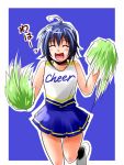  blue_background blue_hair blush cheerleader closed_eyes clothes_writing copyright_request eyes_closed kappamaru open_mouth pom_poms short_hair simple_background skirt smile solo 