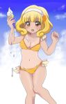    :o bikini blonde_hair blush breasts cleavage cloud clouds dripping food hairband ice_cream kise_yayoi open_mouth pororigenki precure short_hair sky smile_precure! solo swimsuit yellow_eyes 