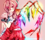  blonde_hair blood character_name crystal eyepatch flandre_scarlet glowing glowing_eyes no_hat no_headwear open_mouth puffy_sleeves short_hair short_sleeves side_ponytail sitting skull solo touhou turning wings 