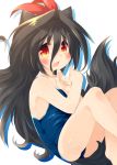  1girl animal_ears black_hair blush brown_eyes child cocoa_(toba) covering dog_ears dog_tail fang hair_ornament hair_ribbon highres long_hair open_mouth original red_eyes red_ribbon ribbon school_swimsuit solo sweatdrop swimsuit tail toba_hiyoko wet 